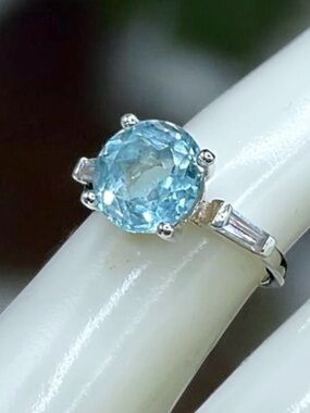 🌺LARGE Sterling & Genuine Blue Topaz & CZ Ring